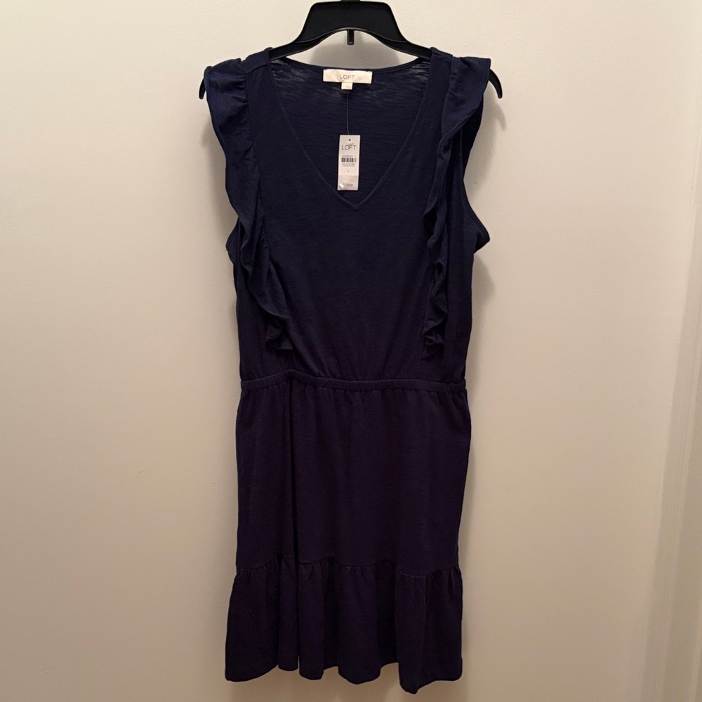 LOFT Navy Ruffle V-Neck Sun Dress